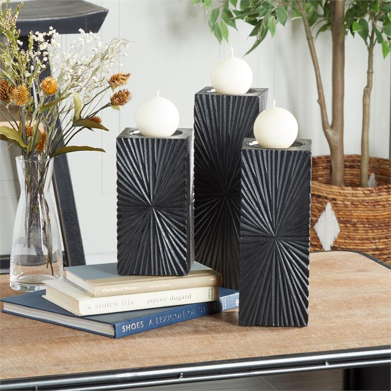 BLACK WOOD GEOMETRIC CARVED PILLAR CANDLE HOLDER