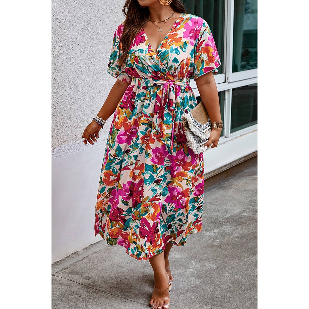 Plus Size Floral Print Cross Belt Fit Dress