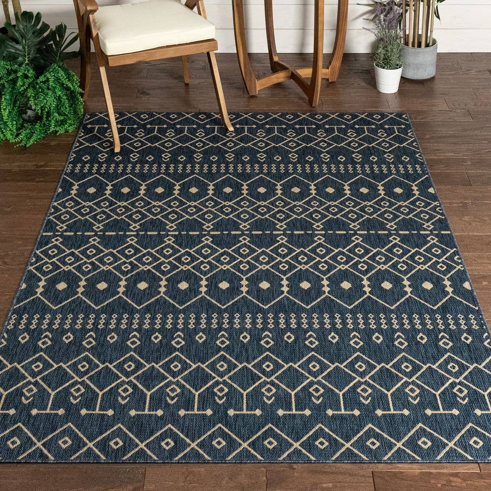 Nord Moroccan Tribal Indoor Outdoor Blue Flatweave Rug