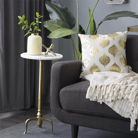 White Marble Accent Table with Gold Inlay and Scrolled Base