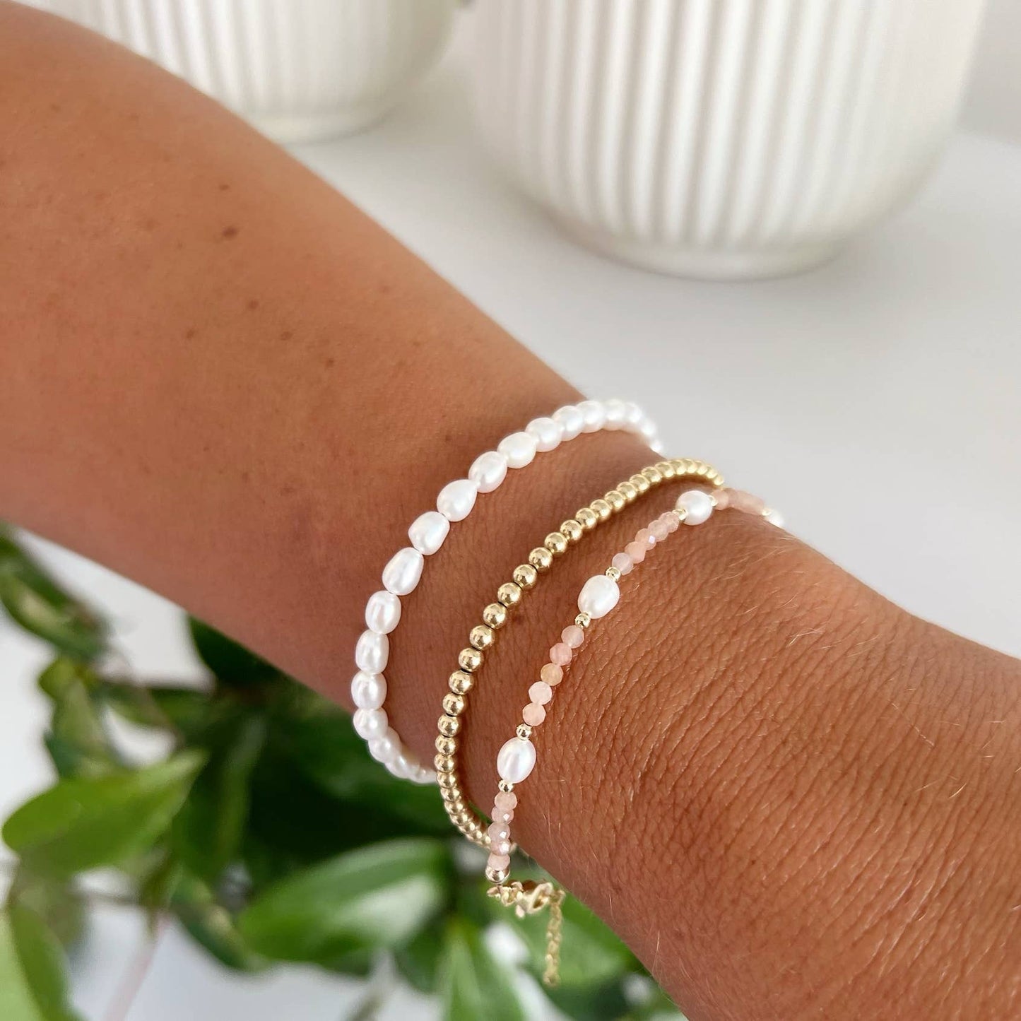 Peach Moonstone Freshwater Pearl Gold Filled Bracelet