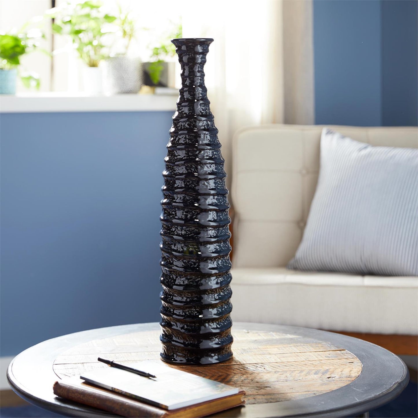 Black Ceramic Decorative Vase with Ripple Texture, 6" x 6" x 24"