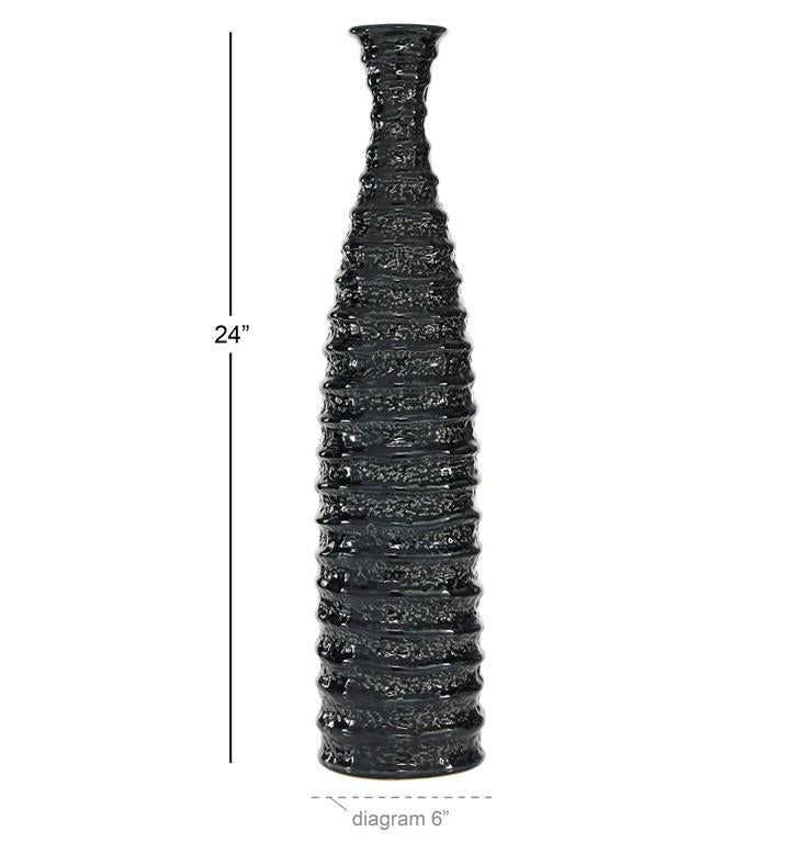 Black Ceramic Decorative Vase with Ripple Texture, 6" x 6" x 24"