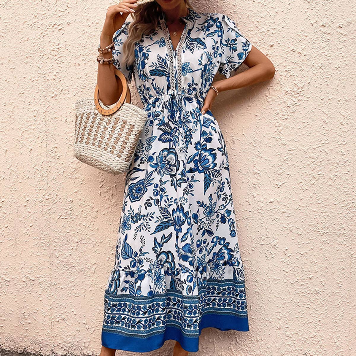 Blue printed slimming dress