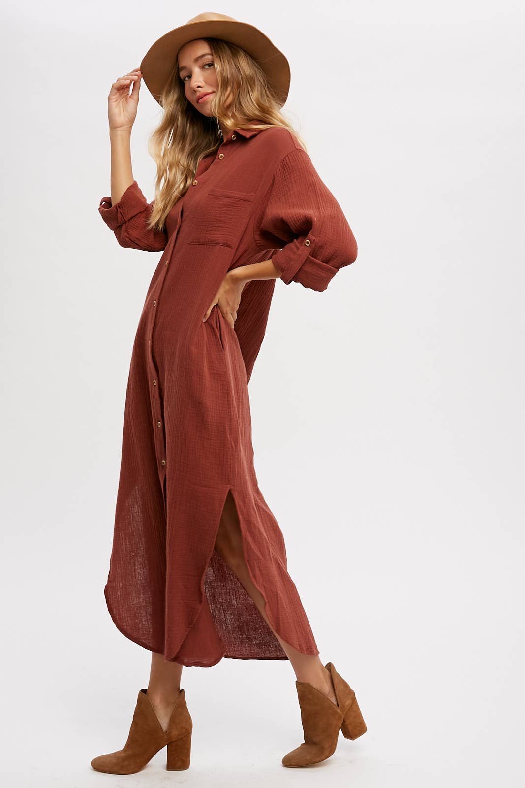 BUTTON UP MAXI SHIRT DRESS WITH POCKET