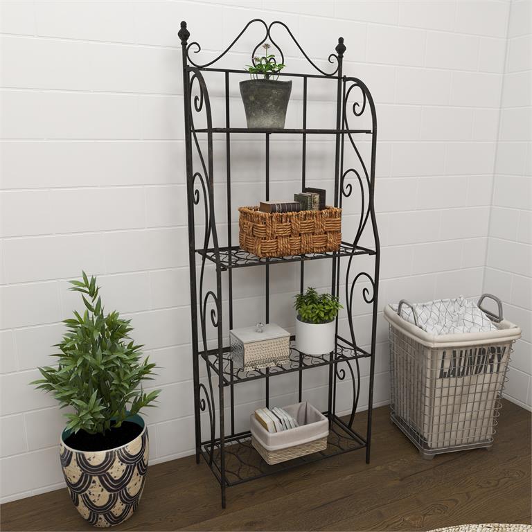 BLACK METAL SCROLL INDOOR OUTDOOR TALL FOLDING 4 SHELVES BAKERS RACK, 25" X 12" X 64"