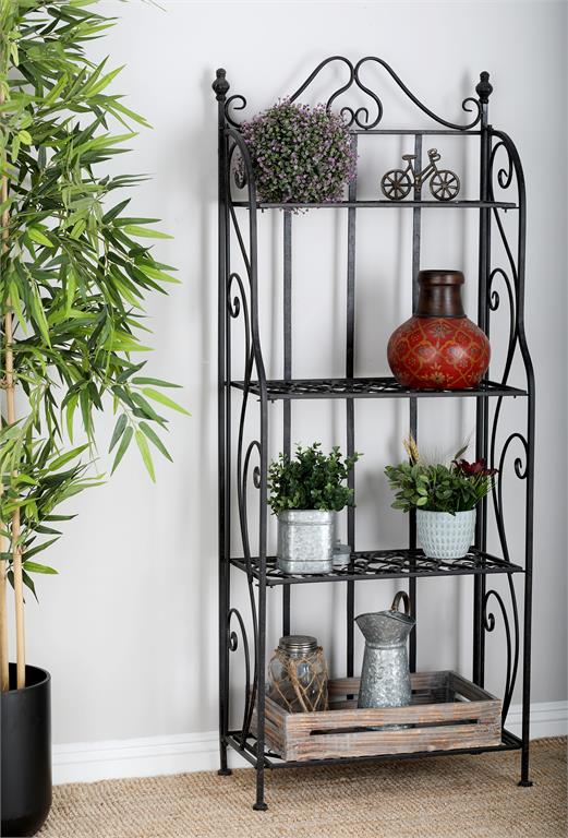 BLACK METAL SCROLL INDOOR OUTDOOR TALL FOLDING 4 SHELVES BAKERS RACK, 25" X 12" X 64"