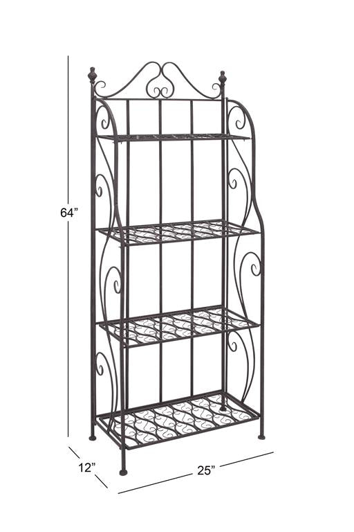 BLACK METAL SCROLL INDOOR OUTDOOR TALL FOLDING 4 SHELVES BAKERS RACK, 25" X 12" X 64"