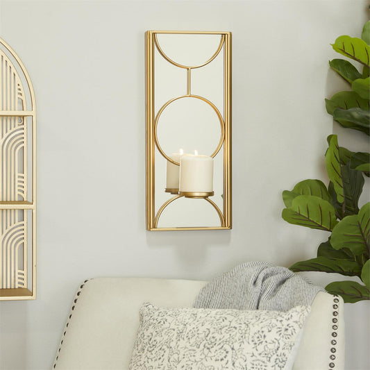 Gold Metal Geometric Pillar Wall Sconce with Mirror Backing, 8" x 5" x 18"