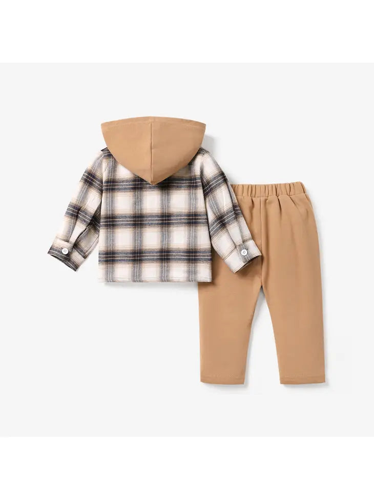 2pcs Brown Plaid Hooded Set 3-6