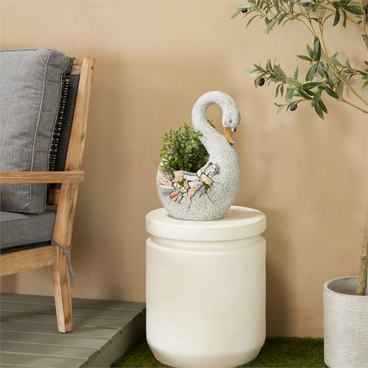 GRAY FIBERGLASS SWAN INDOOR OUTDOOR PLANTER WITH STONE MOSAIC DESIGN, 11" X 7" X 16"