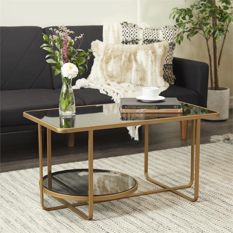 GOLD METAL 1 SHELF COFFEE TABLE WITH MIRRORED GLASS TOP