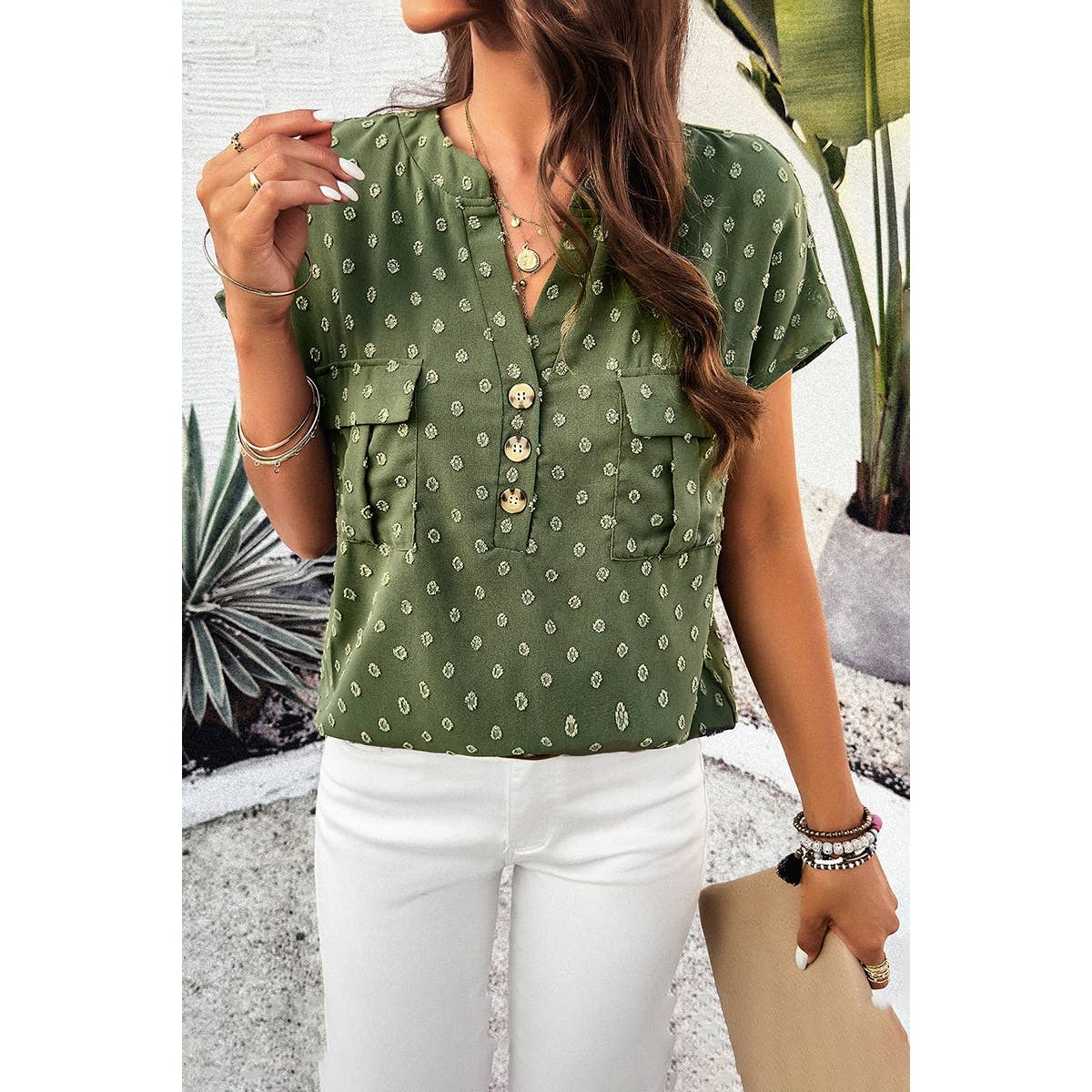 Swiss Dot Button Solid Pockets Loose Blouse