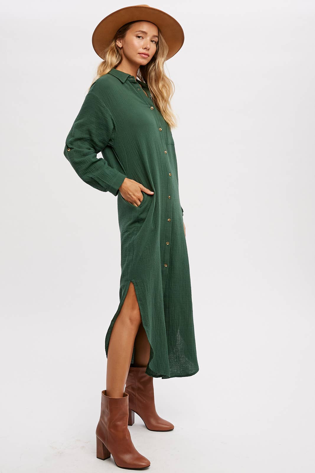 BUTTON UP MAXI SHIRT DRESS WITH POCKET