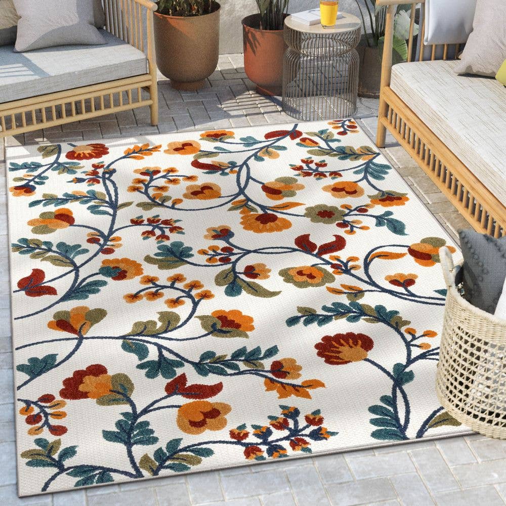 Neveh Beige Modern Floral Indoor Outdoor Rug