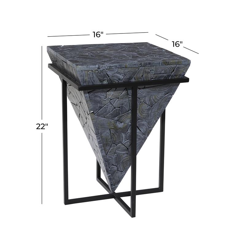 Gray Teak Wood Geometric Handmade Mosaic Pyramid Accent Table with Black Metal Stand,