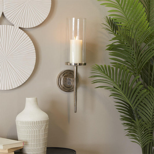 SILVER Aluminum SINGLE CANDLE WALL SCONCE WITH CIRCLE BACKING