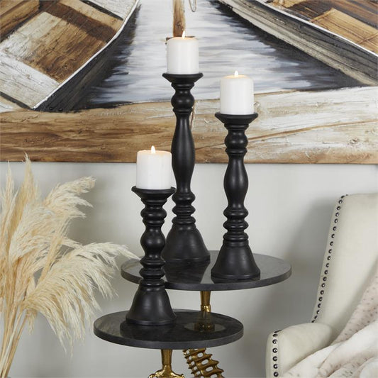 BLACK WOOD TURNED STYLE PILLAR CANDLE HOLDER