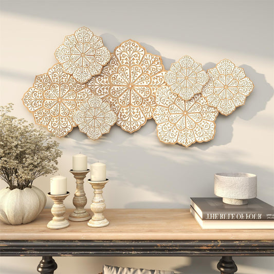 White Wood Floral Intricately Carved Wall Decor, 53" x 2" x 26"