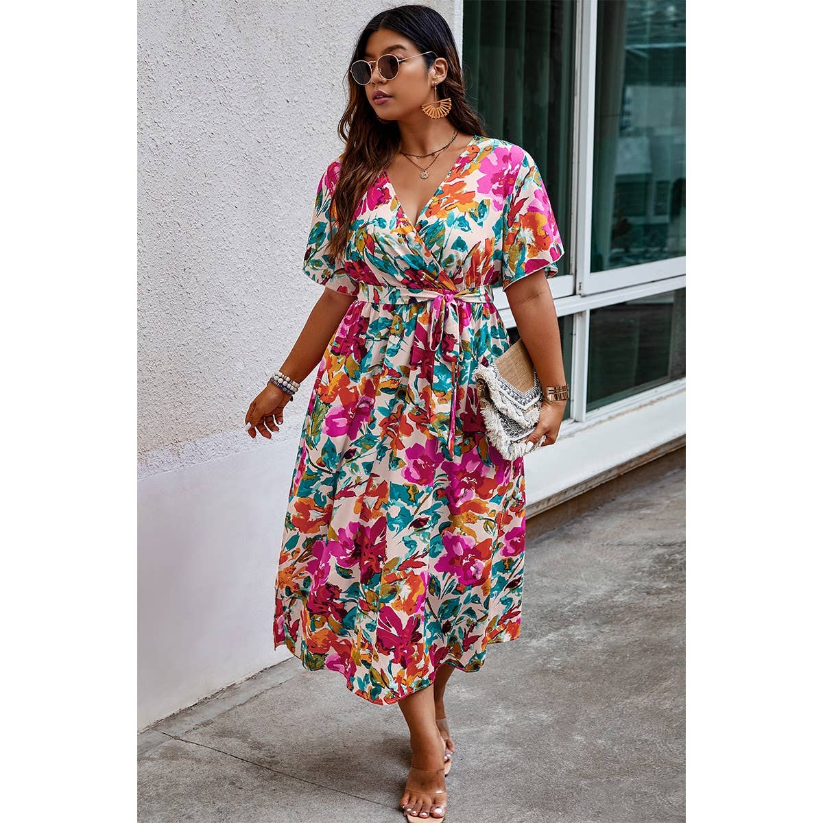 Plus Size Floral Print Cross Belt Fit Dress