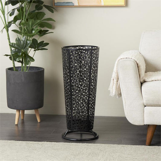 BLACK METAL GEOMETRIC CONE SHAPED UMBRELLA STAND WITH CIRCULAR RING BASE