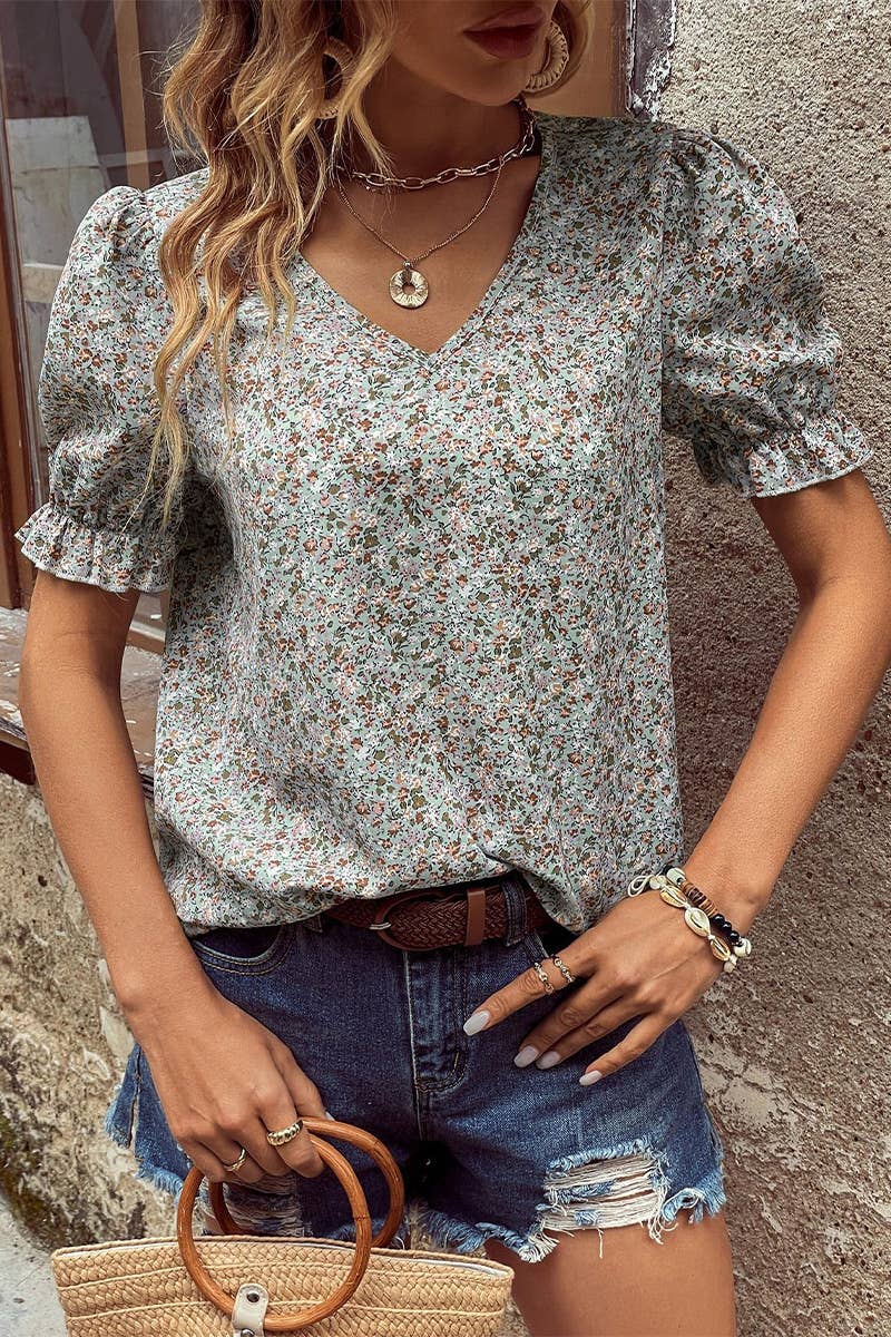 FLORAL FRILL PUFF SLEEVE V NECK BLOUSE