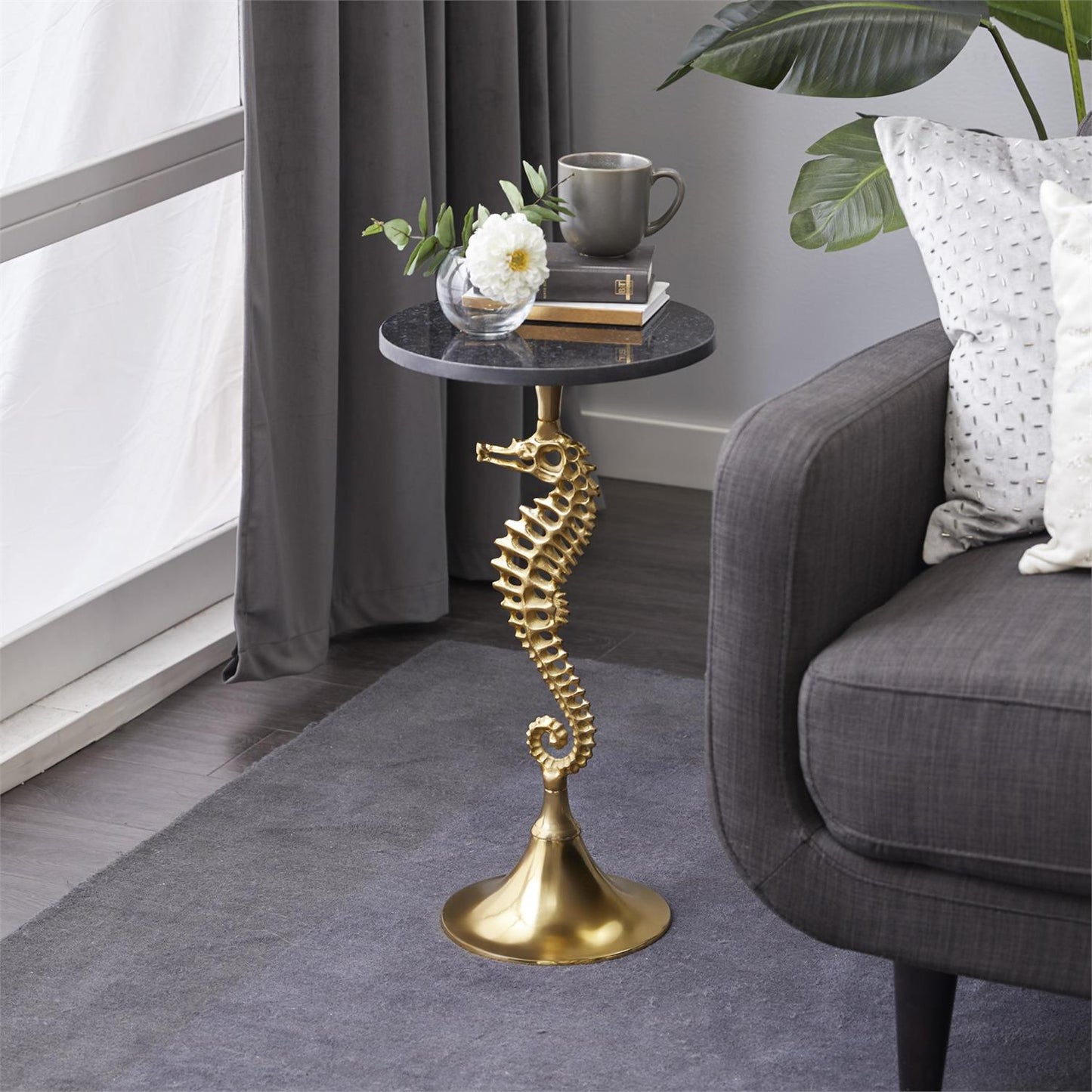 Gold Aluminum Metal Sea Horse Accent Table with Black Marble Table Top