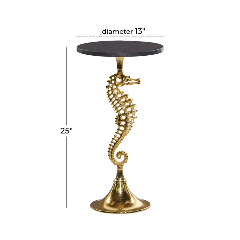 Gold Aluminum Metal Sea Horse Accent Table with Black Marble Table Top