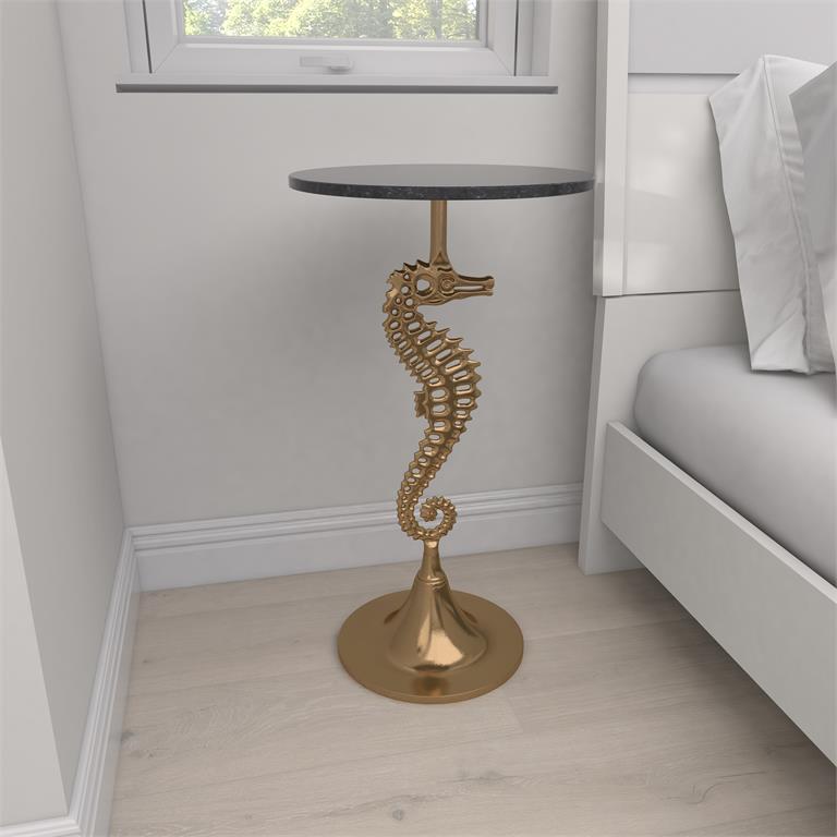 Gold Aluminum Metal Sea Horse Accent Table with Black Marble Tabletop