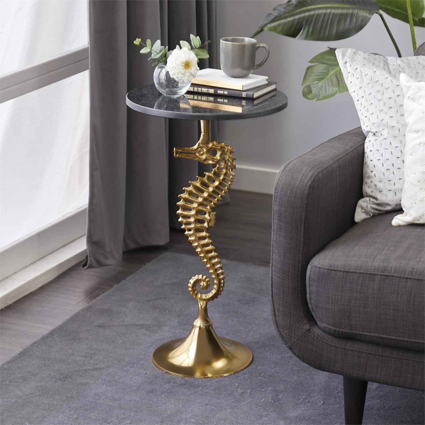 Gold Aluminum Metal Sea Horse Accent Table with Black Marble Tabletop