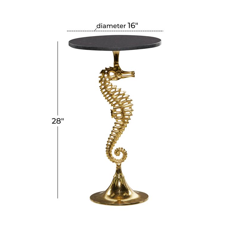 Gold Aluminum Metal Sea Horse Accent Table with Black Marble Tabletop