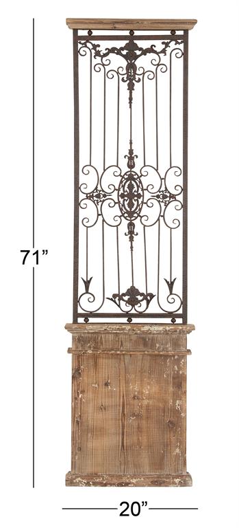 BROWN WOOD SCROLL DISTRESSED DOOR INSPIRED ORNAMENTAL PANEL WALL DECOR WITH BLACK METAL WIRE DETAILS