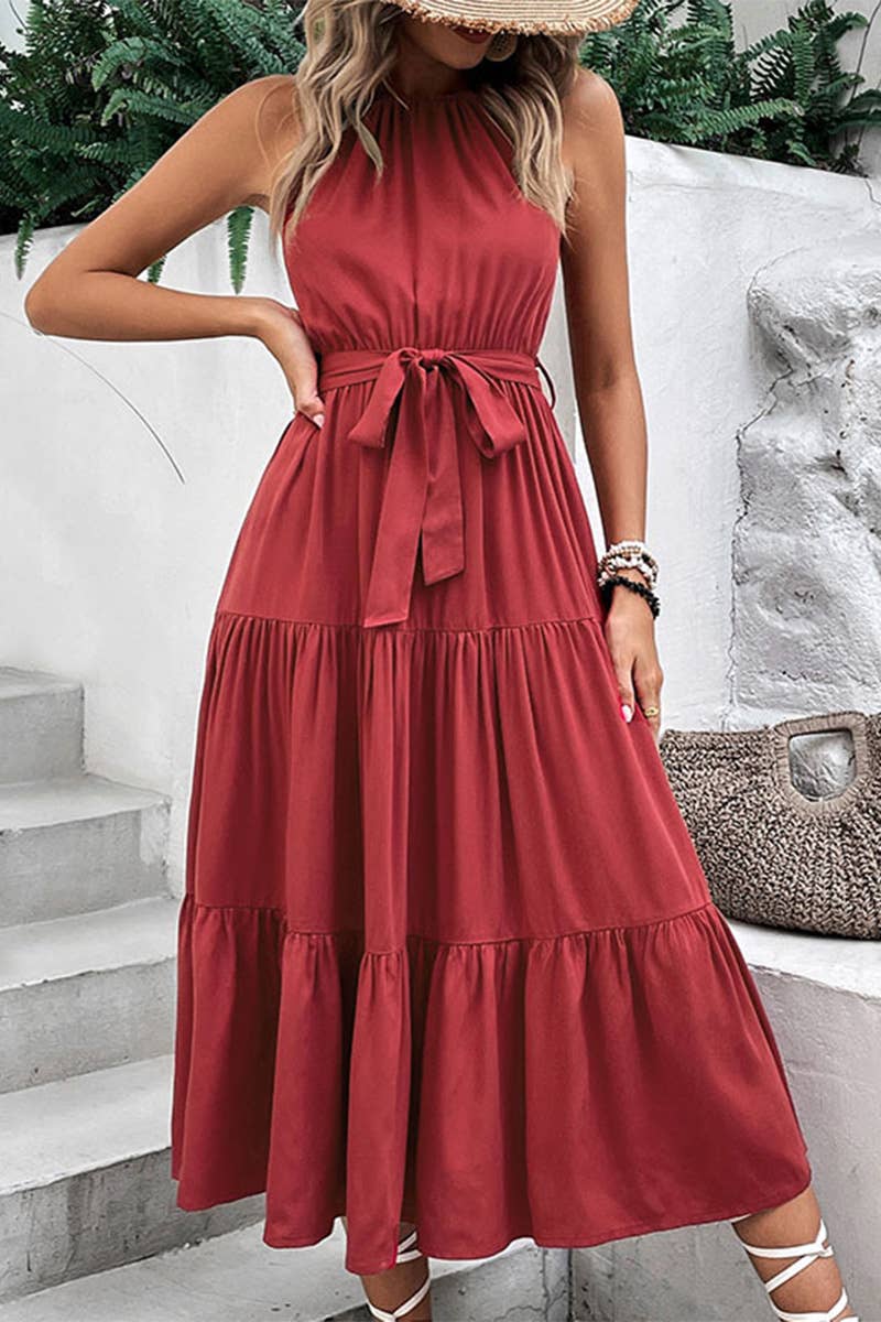 TIED WAIST TIERED HALTER DRESS