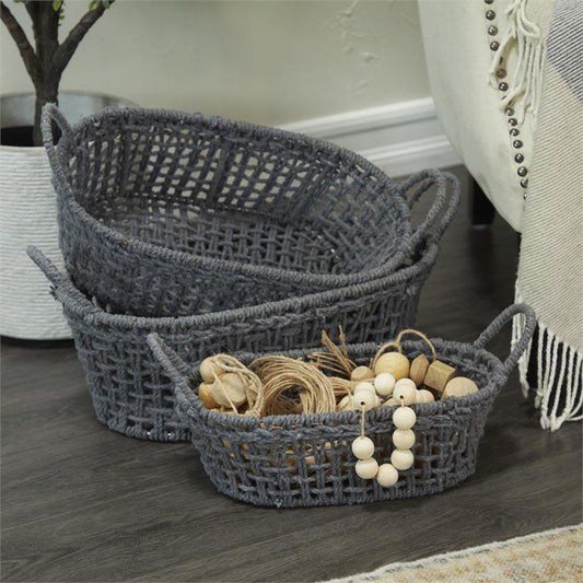 GRAY COTTON FABRIC HANDMADE STORAGE BASKET WITH HANDLES, SET OF 3 9", 8", 8"H