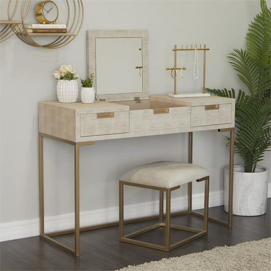 LIGHT GRAY WOOD VANITY WITH STOOL WITH HIDDEN MIRROR FAUX LEATHER