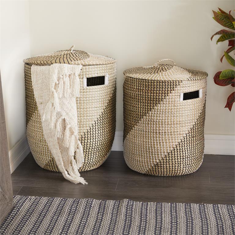 BROWN SEAGRASS HANDMADE TWO TONED STORAGE BASKET WITH MATCHING LIDS