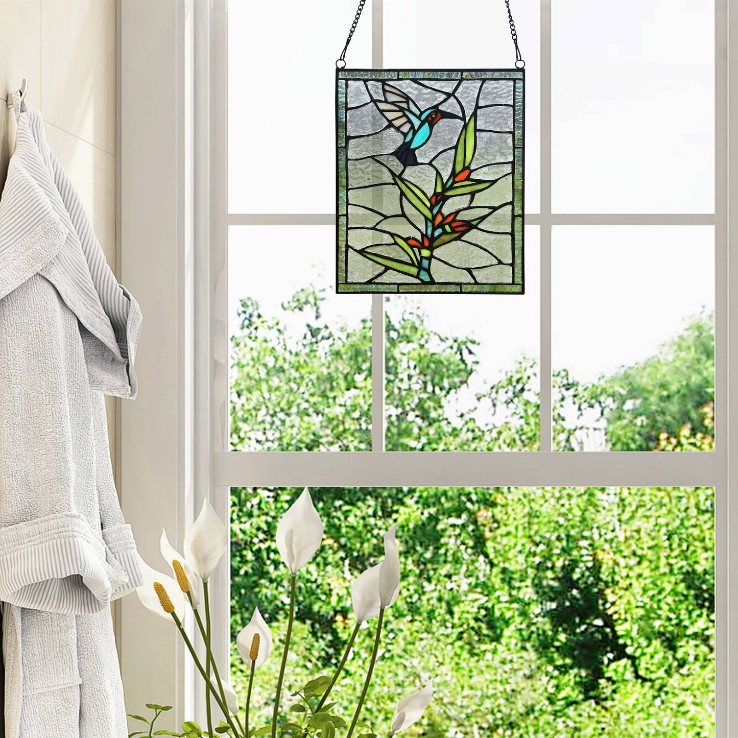 10"H Happy Hummingbird Stained Glass Window Panel