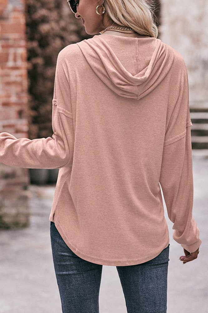 V Neck Button Design Plain Hoodie