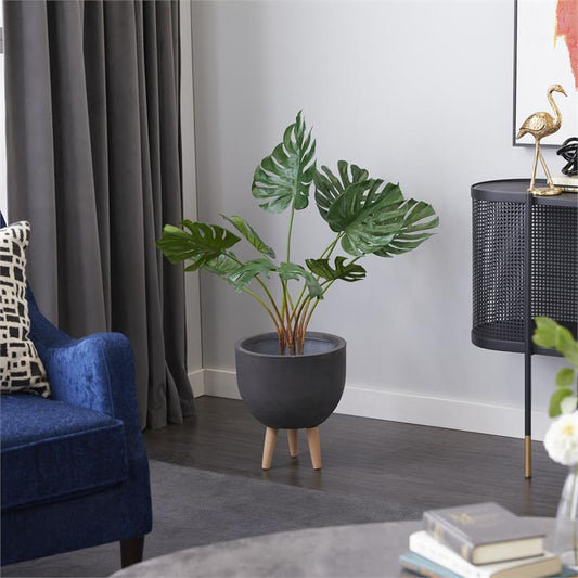 GREEN FAUX FOLIAGE MONSTERA ARTIFICIAL PLANT WITH BLACK PLASTIC POT, 34" X 34" X 29"