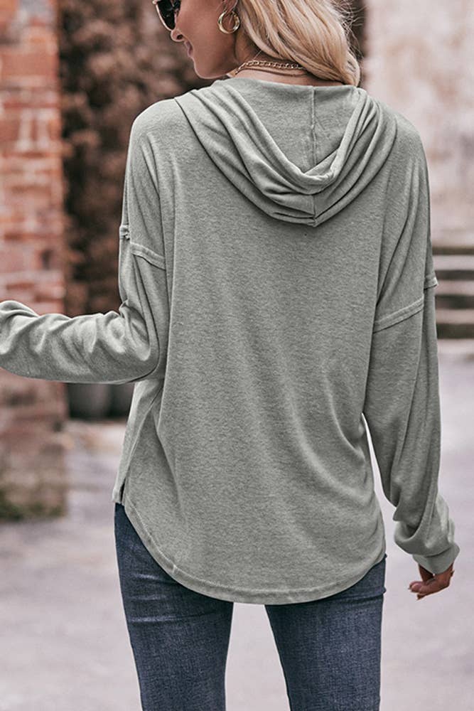 V Neck Button Design Plain Hoodie