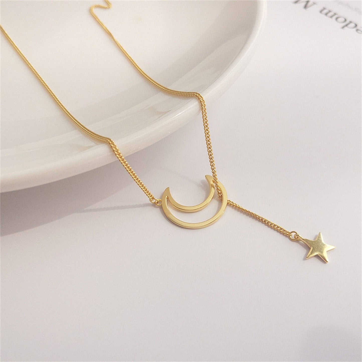 Moon Star Charm Lariat Y Necklace in 925 Sterling Silver