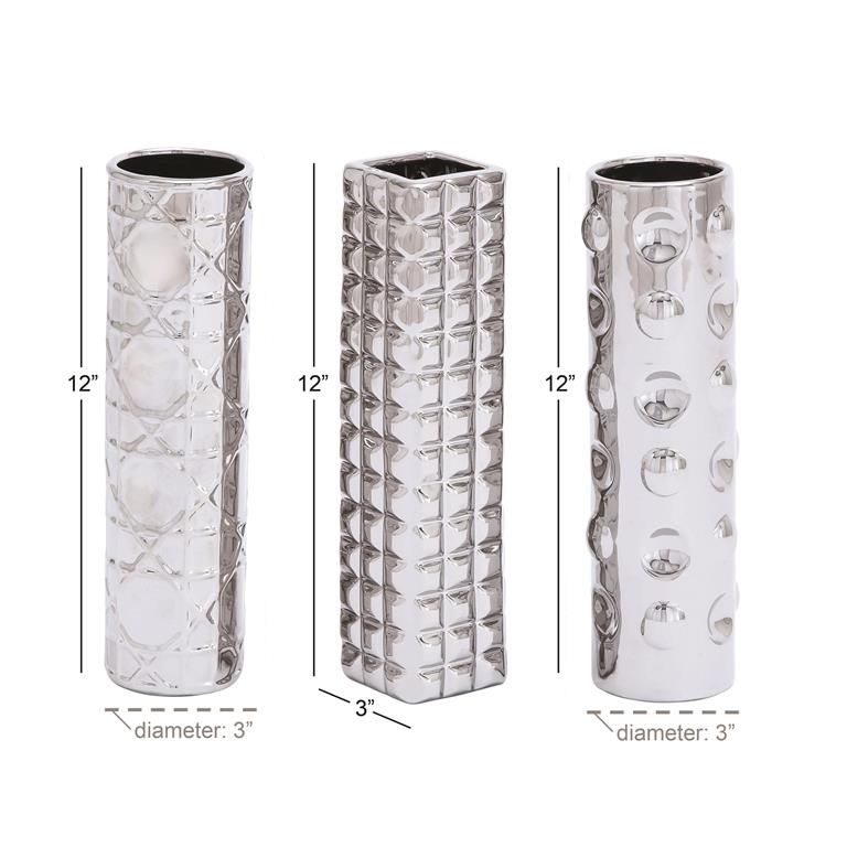 SILVER CERAMIC VASE WITH VARYING PATTERNS