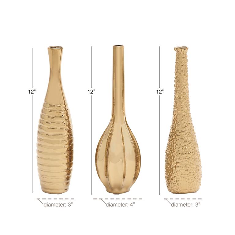 GOLD CERAMIC SLIM TEXTURED BOTTLENECK VASE WITH VARYING PATTERNS