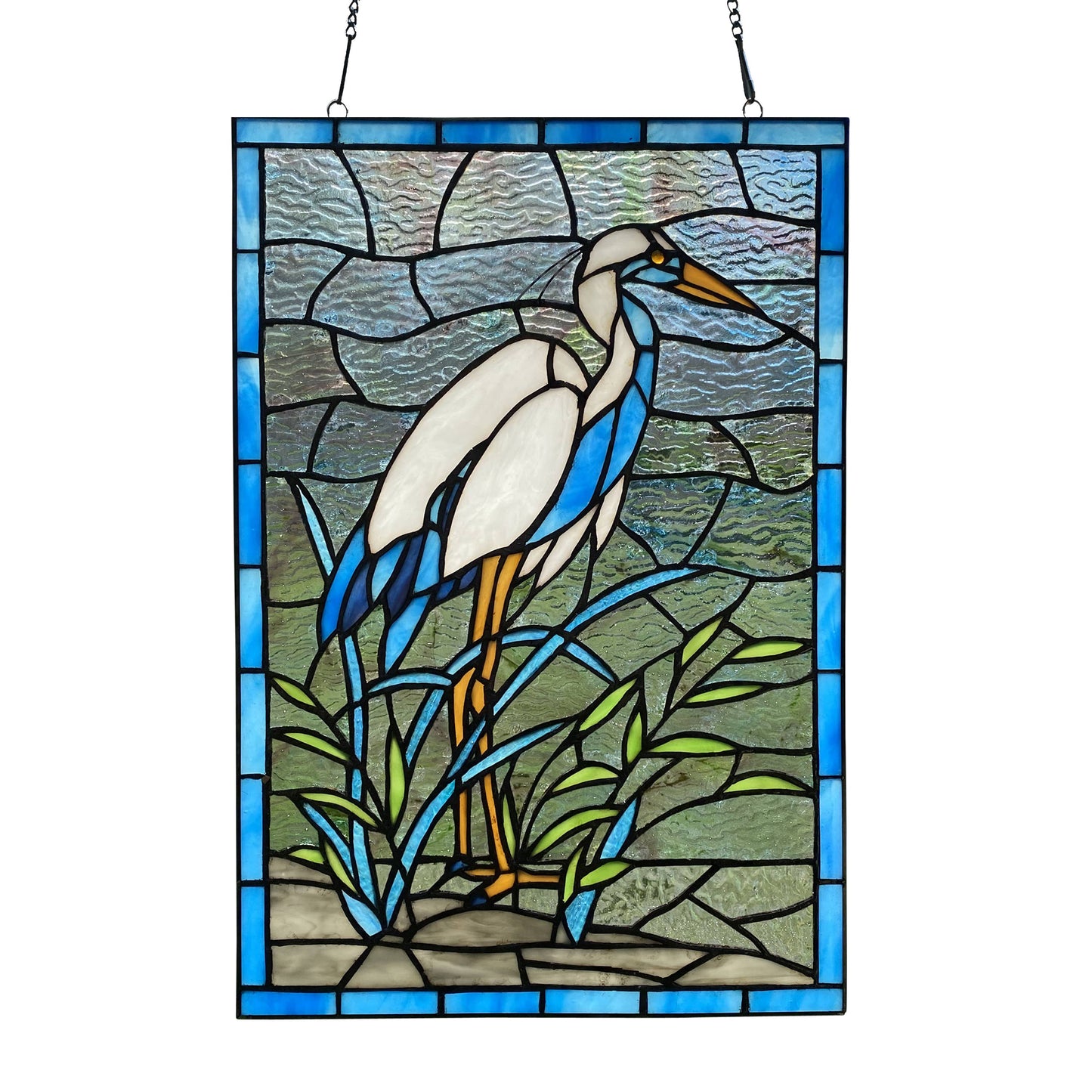 18"H Majestic White & Blue Crane Stained Glass Window Panel