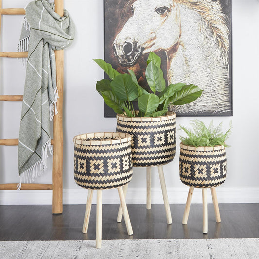 Brown and Black Bamboo Wood Tribal Handmade Indoor Planter