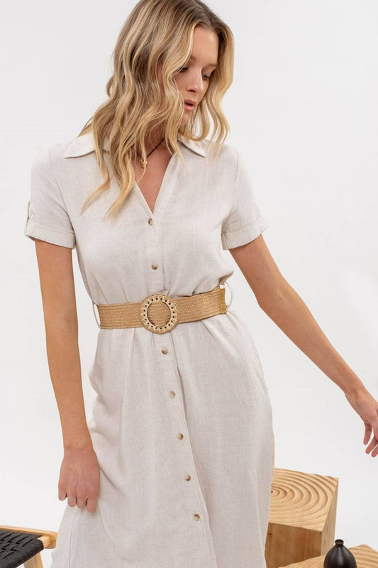 COLLARED BUTTON DOWN BELTED MIDI DRESS