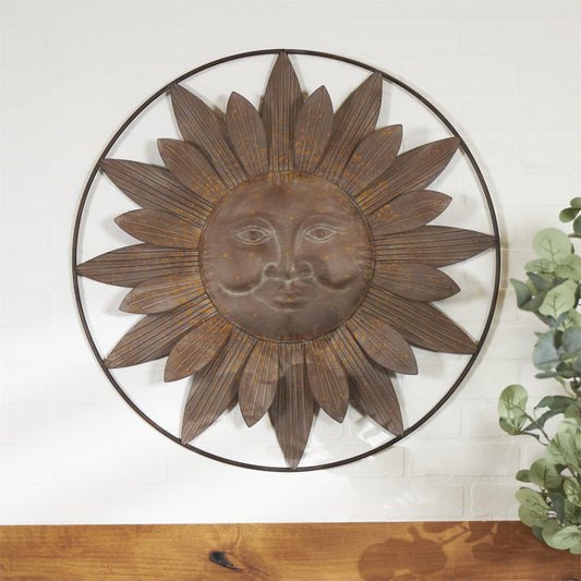 BROWN METAL SUN INDOOR OUTDOOR WALL DECOR WITH DISTRESSED COPPER LIKE FINISH