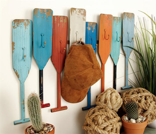 MULTI COLORED METAL PADDLE INDOOR OUTDOOR DISTRESSED OAR SHAPED 8 HANGER WALL HOOK