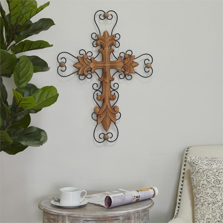 BROWN WOOD BIBLICAL CARVED CROSS WALL DECOR WITH METAL SCROLLWORK