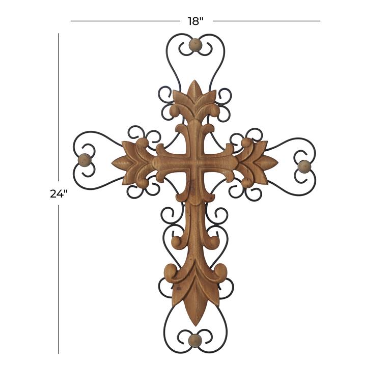 BROWN WOOD BIBLICAL CARVED CROSS WALL DECOR WITH METAL SCROLLWORK